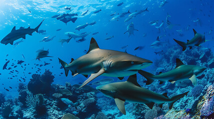 Fototapeta na wymiar Nurse sharks in blue sea