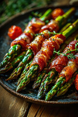 Delicious asparagus in a crispy prosciutto wrapper in a plate on the table, copy space