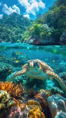 Underwater scene featuring a sea turtle gliding over a coral reef surrounded by colorful tropical fish.