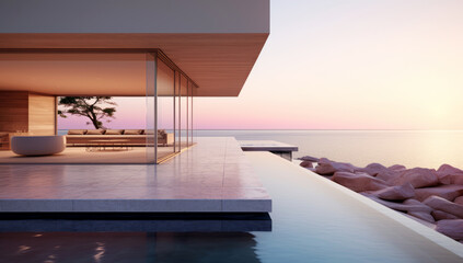 Modern luxury home exterior with infinity pool at sunset
