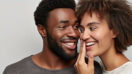 African american young woman laughing closing her mouth with hand next to her man so no one could hear what she is talking about on light neutral grey background - obrazy, fototapety, plakaty