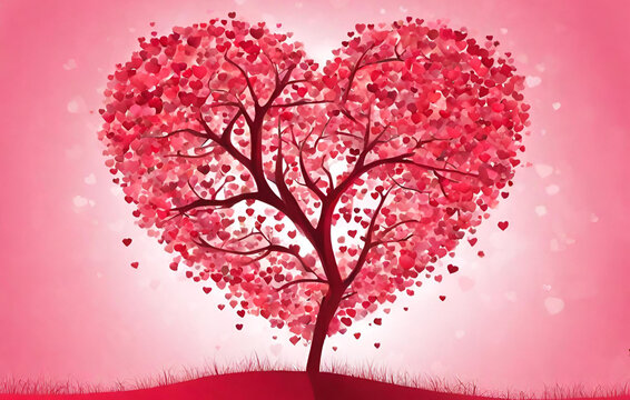 Realistic tree blooming with red hearts - Vector Pro Vector
