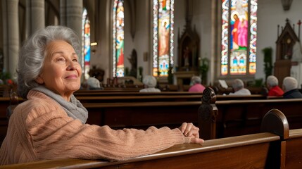 Fototapeta premium Elderly woman praying at catholic church, hands raised towards light with space for text placement