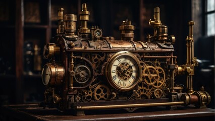 Fototapeta na wymiar A steampunk style with gears pipes and clocks. generative, ai.
