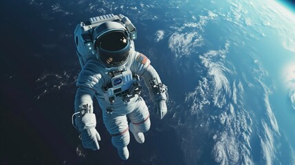 Astronaut spaceman do spacewalk while working for spaceflight mission at space station . Astronaut wear full spacesuit - obrazy, fototapety, plakaty