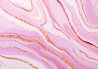 Decorative elegant pink liquid marble design with rose gold glitter elements