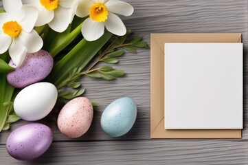 Fototapeta na wymiar Fresh Spring flowers with Easter Eggs on Wood