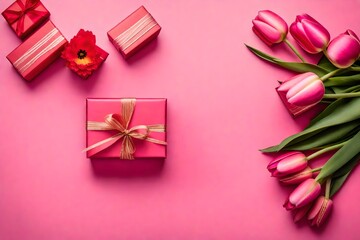 Capture the essence of love with a top-view photograph featuring a beautifully adorned gift box, ribbon, and a bouquet of tulips on a pink backdrop for a Mother's Day or Valentine's romantic concept