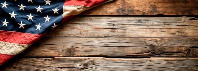 American flag over a wooden table,  star and stripes and waves, USA national flag, red white and blue, patriotic, 4th July Independence Day, banner wallpaper background, copy space for text