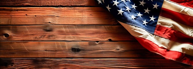Obraz premium American flag over a wooden table, star and stripes and waves, USA national flag, red white and blue, patriotic, 4th July Independence Day, banner wallpaper background, copy space for text