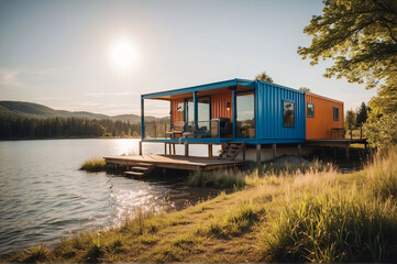 Modern shipping container house home, tiny house near lake in sunny day, eco-friendly living accommodation or holiday home