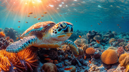 Obraz premium A close-up image of a sea turtle resting on a coral reef. For covers, backgrounds, wallpapers and other projects about nature and sea animals.