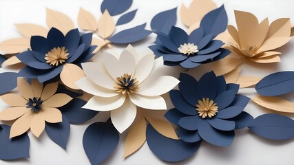 gold and dark blue paper flowers. background