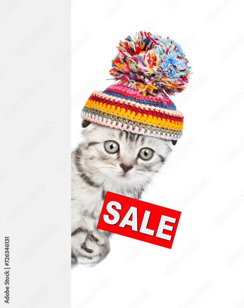 Poster kitten wearing a warm hat holds sales symbol behind empty banner. isolated on white background