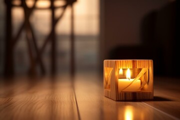 wooden block on wooden floor near lit candle holder with light reflection. Generative AI