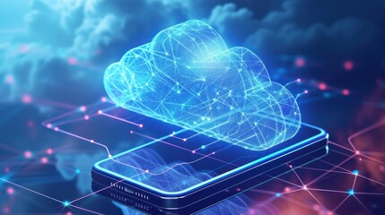 Futuristic technology concept, cloud computing concept. Phone with technological interface and clouds. On dark background.