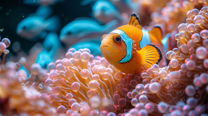 A bright coral fish among sea anemones. Image for covers, backgrounds, wallpapers and other projects about nature and sea animals.