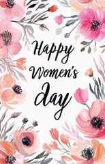 Happy Women's day - calligraphy lettering on background with flowers. Holiday greeting card, poster, banner concept.
