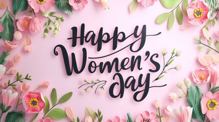 Happy Women's day - calligraphy lettering on background with flowers. Holiday greeting card, poster, banner concept. - obrazy, fototapety, plakaty