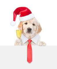 Young Golden retriever puppy wearing necktie and santa hat looks above empty white banner and holds glass of champagne. isolated on white background