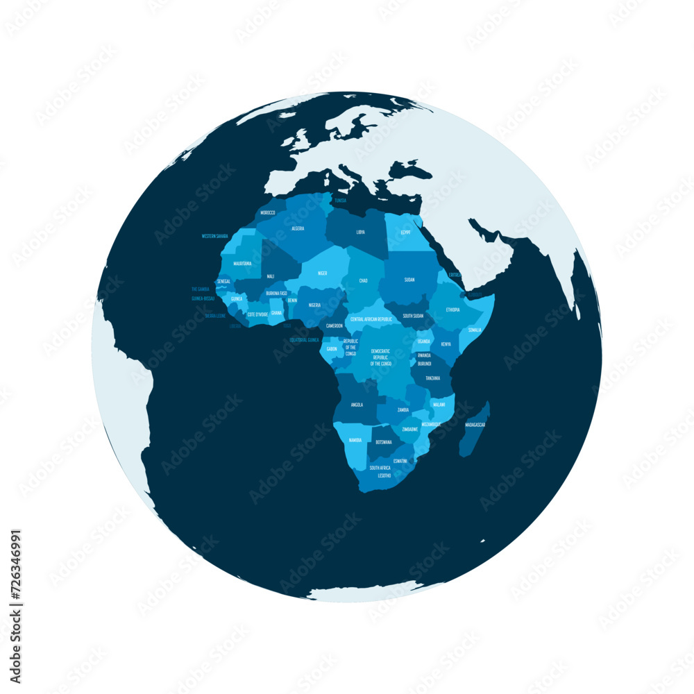 Wall mural political map of africa. blue colored land with country name labels on white background. ortographic - Wall murals