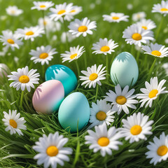 Easter background, eggs in a flower field, Assortment of colorful Easter eggs and blooming flowers to celebrate spring - 726346940