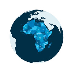 Political map of Africa. Blue colored land with country name labels on white background. Ortographic projection. Vector illustration