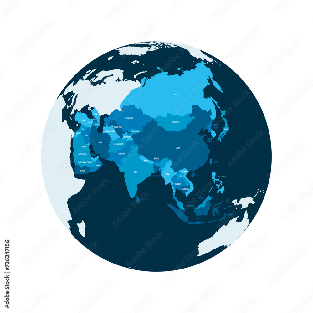 Wall mural political map of asia. blue colored land with country name labels on white background. ortographic p - Wall murals