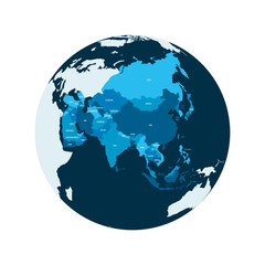 Political map of Asia. Blue colored land with country name labels on white background. Ortographic projection. Vector illustration