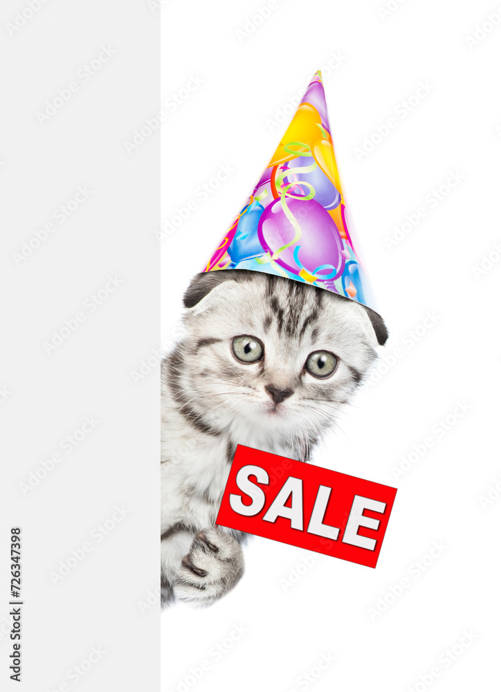 Poster cute kitten wearing party cap shows signboard with labeled 
