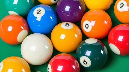 Vivid billiard balls in close up top side view arrangement, creating visually engaging composition