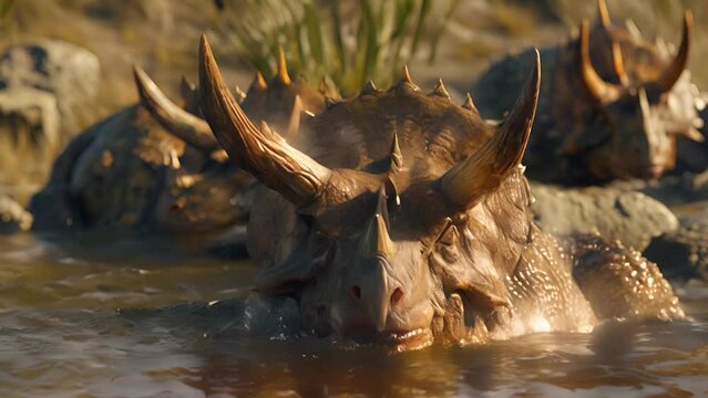 A small herd of Triceratops can be seen huddled together using their large frills to cool off in the shallow water.