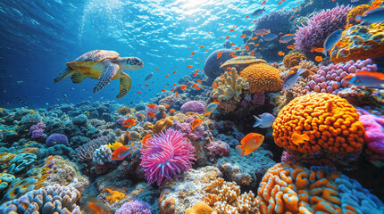 Fototapeta na wymiar A mysterious underwater world with corals, colorful fishes and a sea turtle. Image for covers, backgrounds, wallpapers and other projects about nature and sea animals.