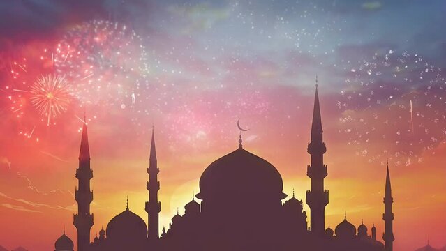 mosque in sunset with fireworks, seamless Animation video background in 4K Resolution