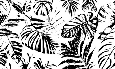 Grunge detailed black abstract texture. Tropical leaves.  Vector background