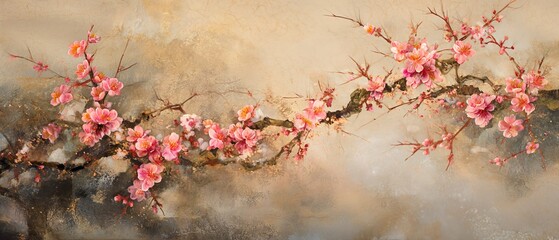Branch With Blooming Pink Buds. Illustration On The Theme Of Nature And Graphics, Plants And Ecology. Generative AI	
