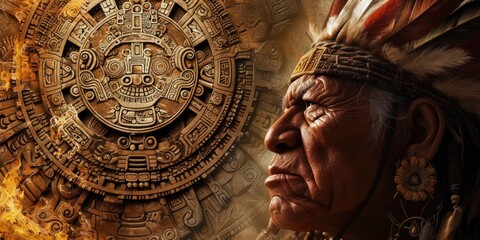 Native American Indian Man With Clock in Background