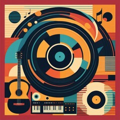 Abstract retro music geometric pattern. Jazz music festival or concert live show vector wallpaper background or print with electric and acoustic guitar, vinyl record disc and piano. generative, ai.