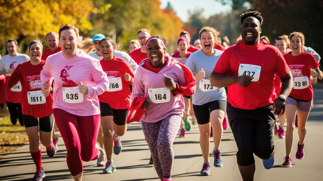 Joyful group of people running a charity marathon in autumn