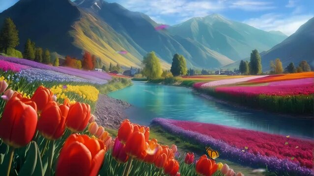 lake in the mountains in summer with tulip flowers garden, seamless Animation video background in 4K Resolution