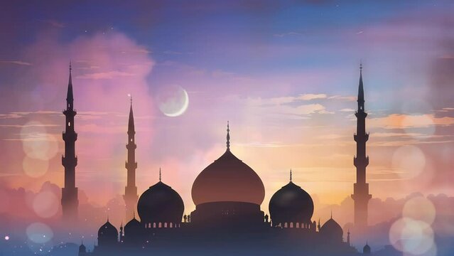stunning mosque in sunset, seamless Animation video background in 4K Resolution