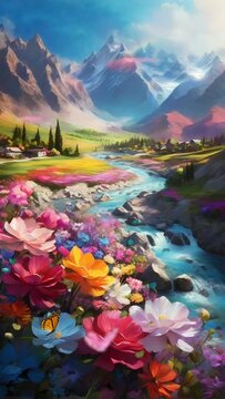 landscape in the morning with flowers garden, river and mountains, seamless Animation video background in 4K Resolution