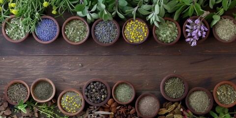 Assorted Herbs Arranged in Small Bowls