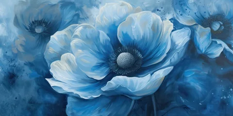 Fotobehang Blue Flowers on Blue Background Painting © FryArt Studio