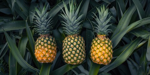 Fototapeta premium Group of Pineapples on Green Leaves