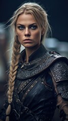 Young woman in armor with braided hair.