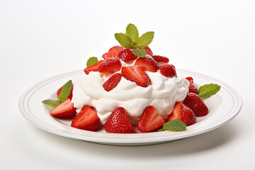 
a plate of sour cream with a lot of strawberries in it on the white table