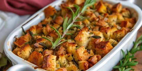 Casserole Dish Filled With Stuffing and Herbs