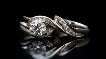 Elegant diamond wedding engagement ring crafted in silver, showcased against a sophisticated black backdrop