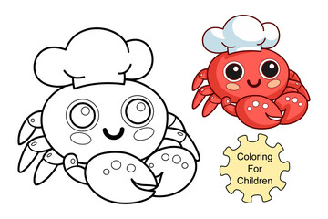 learn to color a crab wearing a chef's hat, coloring book, coloring pages for children.